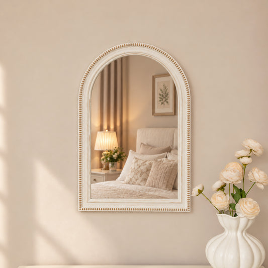  White Washed Distressed Wooden Beaded Frame Wall Mirror - 40cm x 60cm 