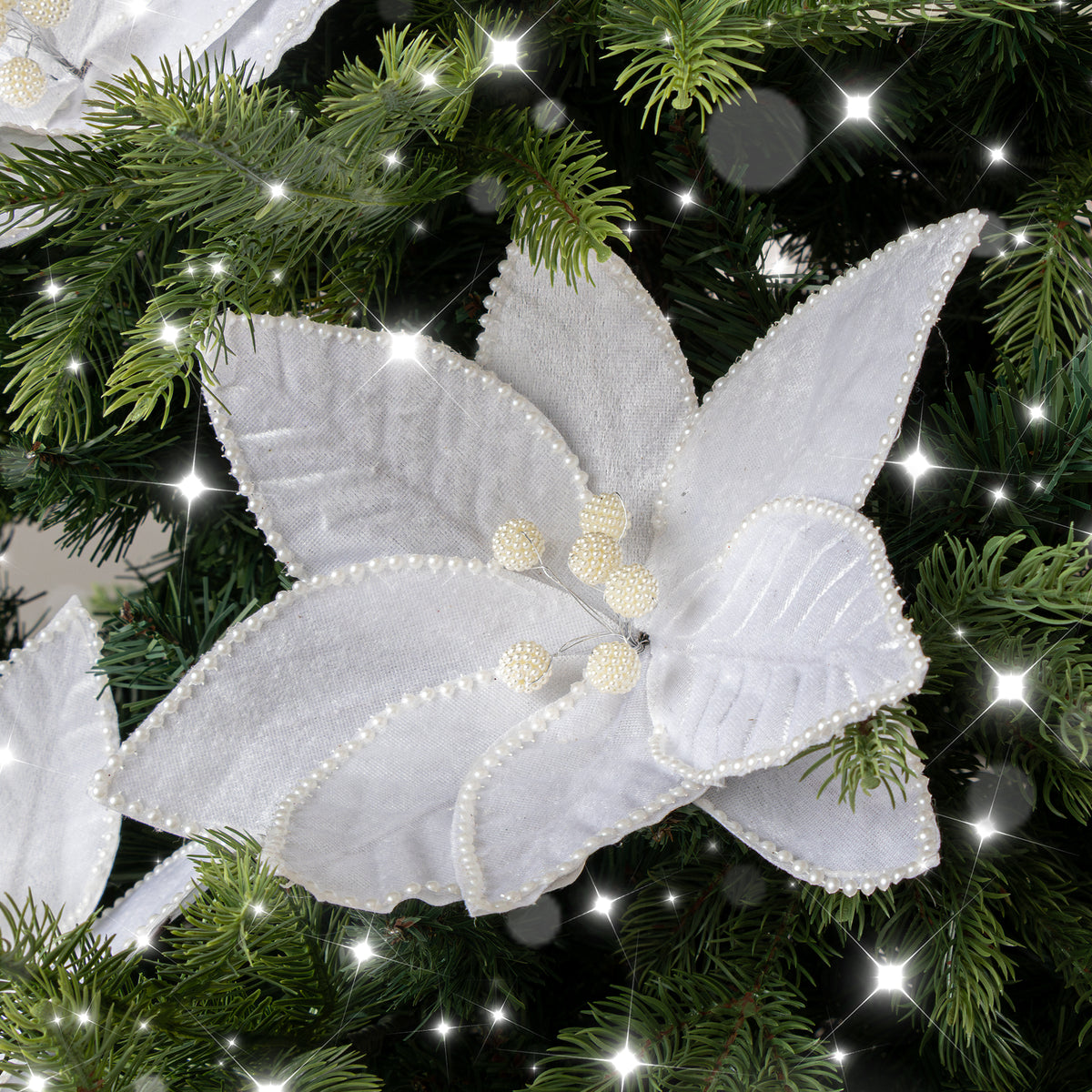 Set of 3 White Velvet & Pearl Poinsettia Pick Christmas Decorations - 29cm x 25cm
