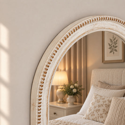  White Washed Distressed Wooden Beaded Frame Wall Mirror - 40cm x 60cm 