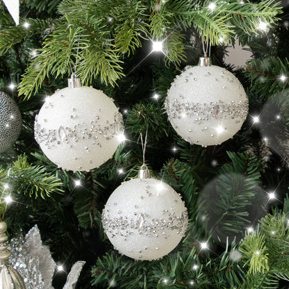 Set of 3 White Glitter Silver Jewel Baubles - 9cm