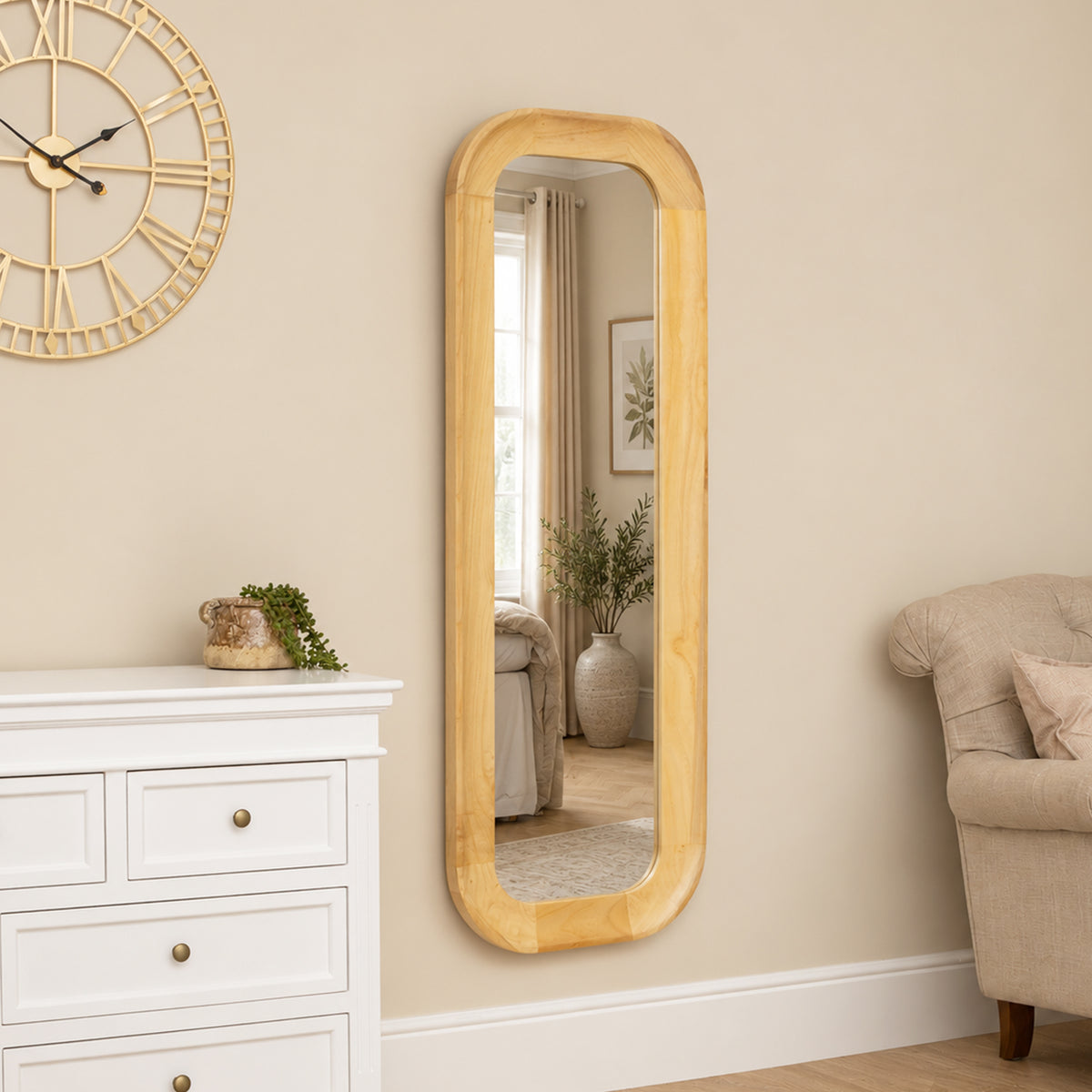 Natural Wood Arched Rounded Full Length Wall / Leaner Mirror - 142cm x 50cm