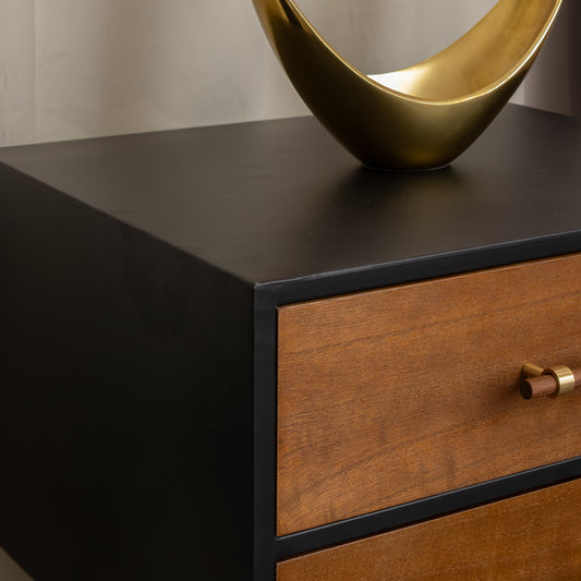  Mid-Century Modern Wood & Black 2 Drawer Bedside - Industrial Range 