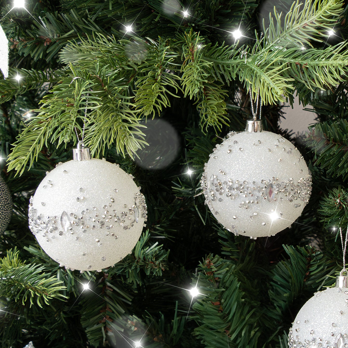 Set of 3 White Glitter Silver Jewel Baubles - 9cm