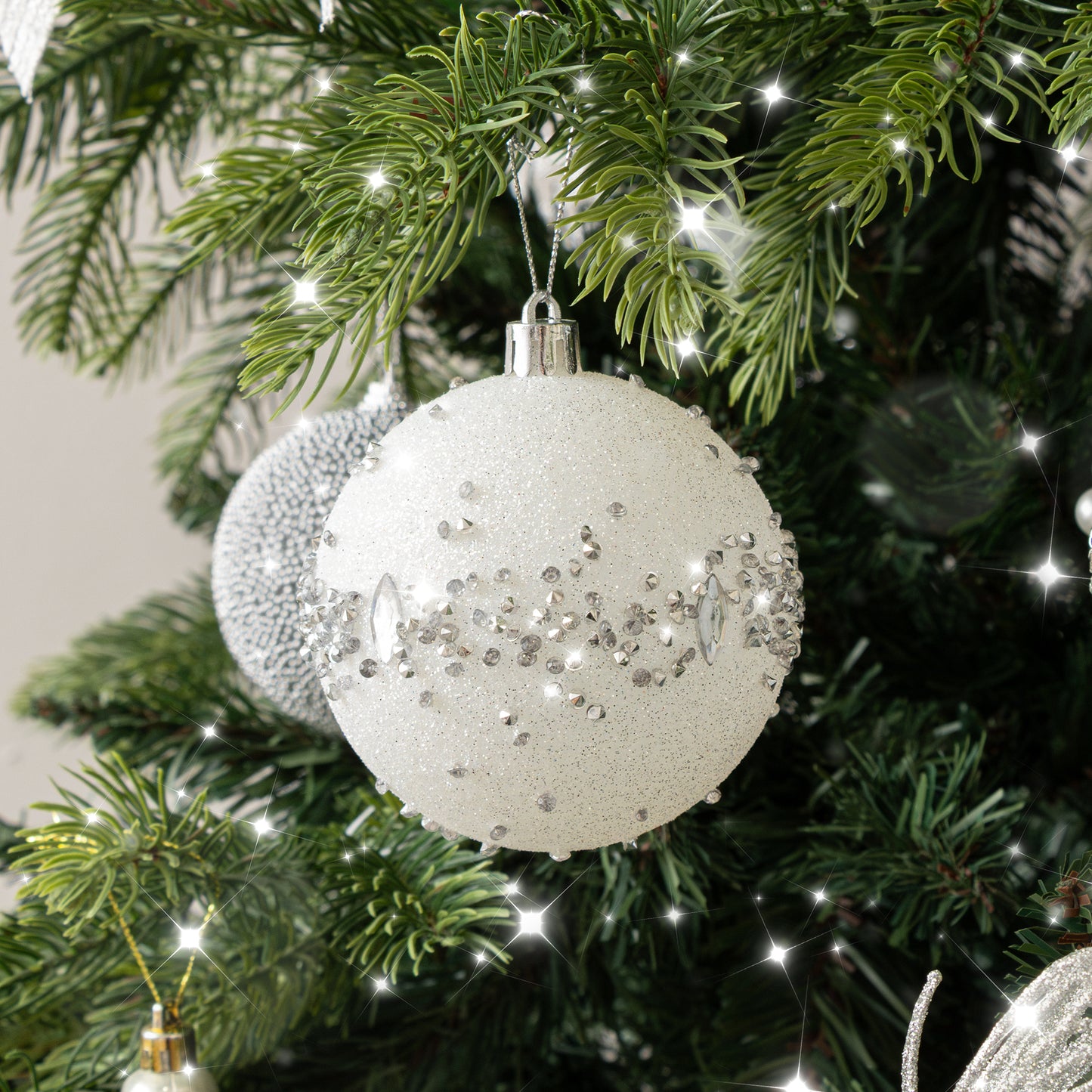 Set of 3 White Glitter Silver Jewel Baubles - 9cm