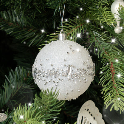 Set of 3 White Glitter Silver Jewel Baubles - 9cm