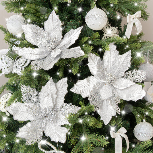  Set of 3 Silver Oil Effect Poinsettia Pick Christmas Decorations - 29cm 