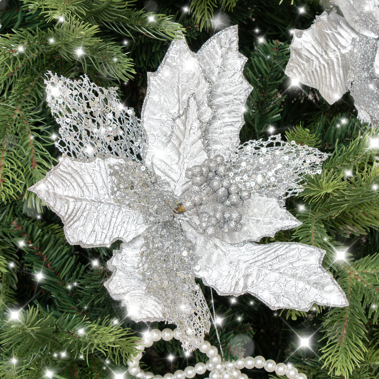 Set of 3 Silver Oil Effect Poinsettia Pick Christmas Decorations - 29cm