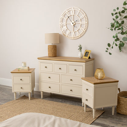 Cream & Wooden 7 Drawer Chest of Drawers & Pair of Two Drawer Bedside Tables - Claudia Range