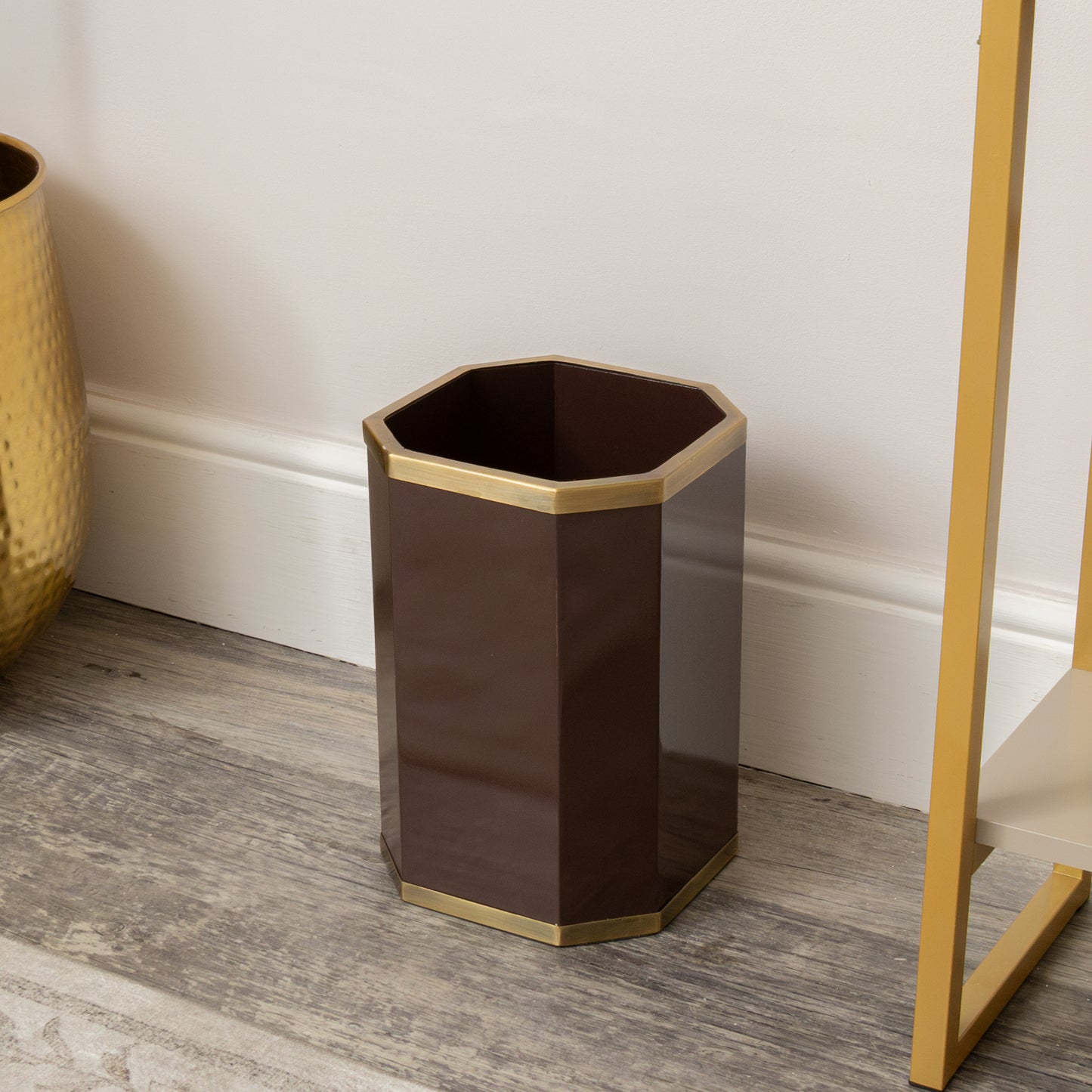 Hexagonal Chocolate Brown & Gold Edge Wooden Waste Paper Bin