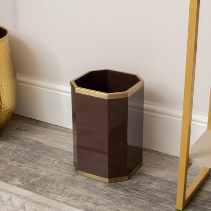Hexagonal Chocolate Brown & Gold Edge Wooden Waste Paper Bin