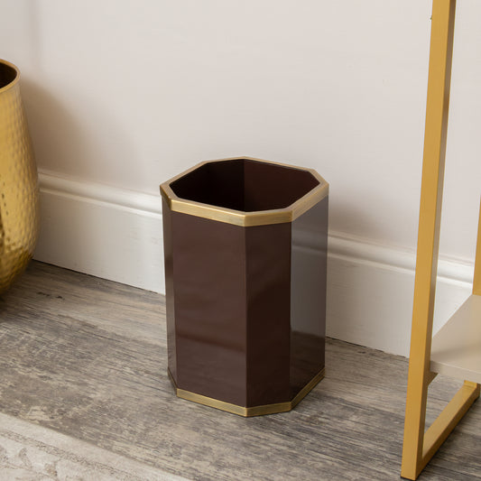  Hexagonal Chocolate Brown & Gold Edge Wooden Waste Paper Bin 