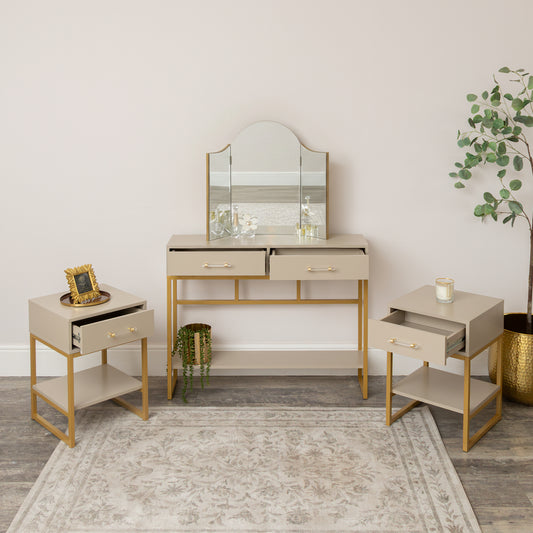  3 Drawer Chest of Drawers, Dressing Table Set & Pair of One Drawer Bedside Tables - Liana Taupe Range 