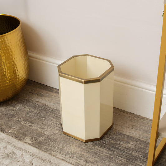  Hexagonal Cream & Gold Edge Wooden Waste Paper Bin 