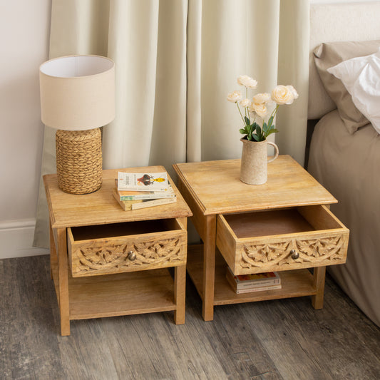  Pair of Natural Mango Wood Bohemian Bedside Tables - Freya Wood Range 