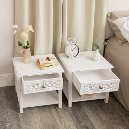 Pair of Distressed White Mango Wood Bohemian Bedside Tables - Freya White Range