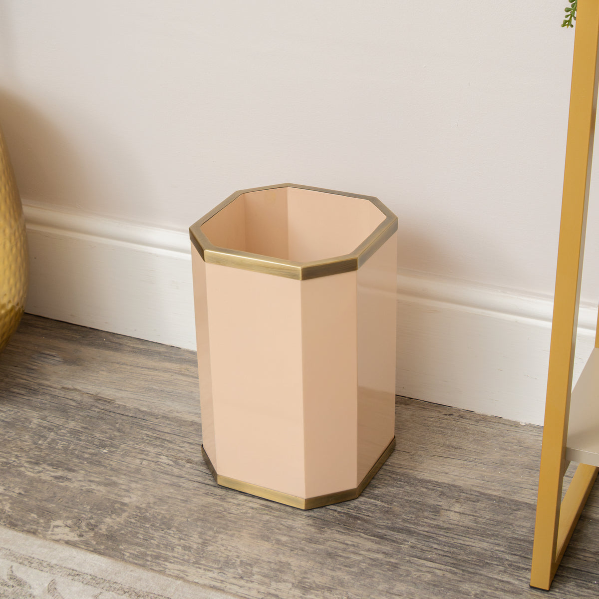 Hexagonal Pale Peach & Gold Edge Wooden Waste Paper Bin