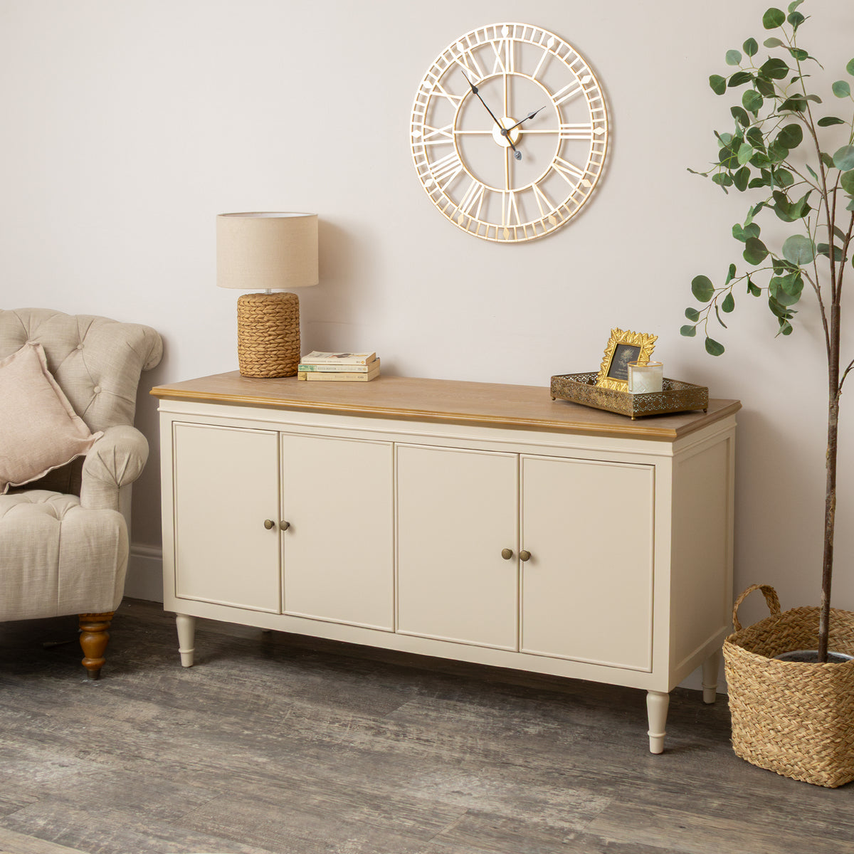 Large Cream & Wooden 4 Door Sideboard - Claudia Range