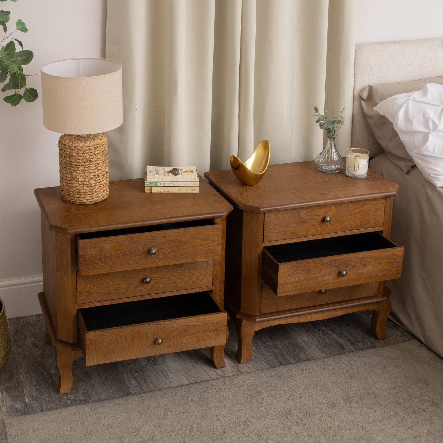 Pair of Dark Wood 3 Drawer Extra Wide Bedside Tables - Ashwell Range