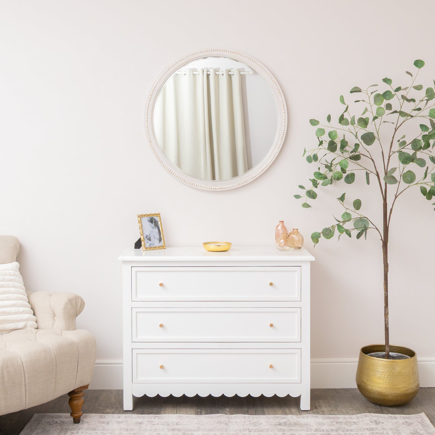 Round Distressed White Washed Wooden Bobbin Detailed Wall Mirror - 80cm x 80cm