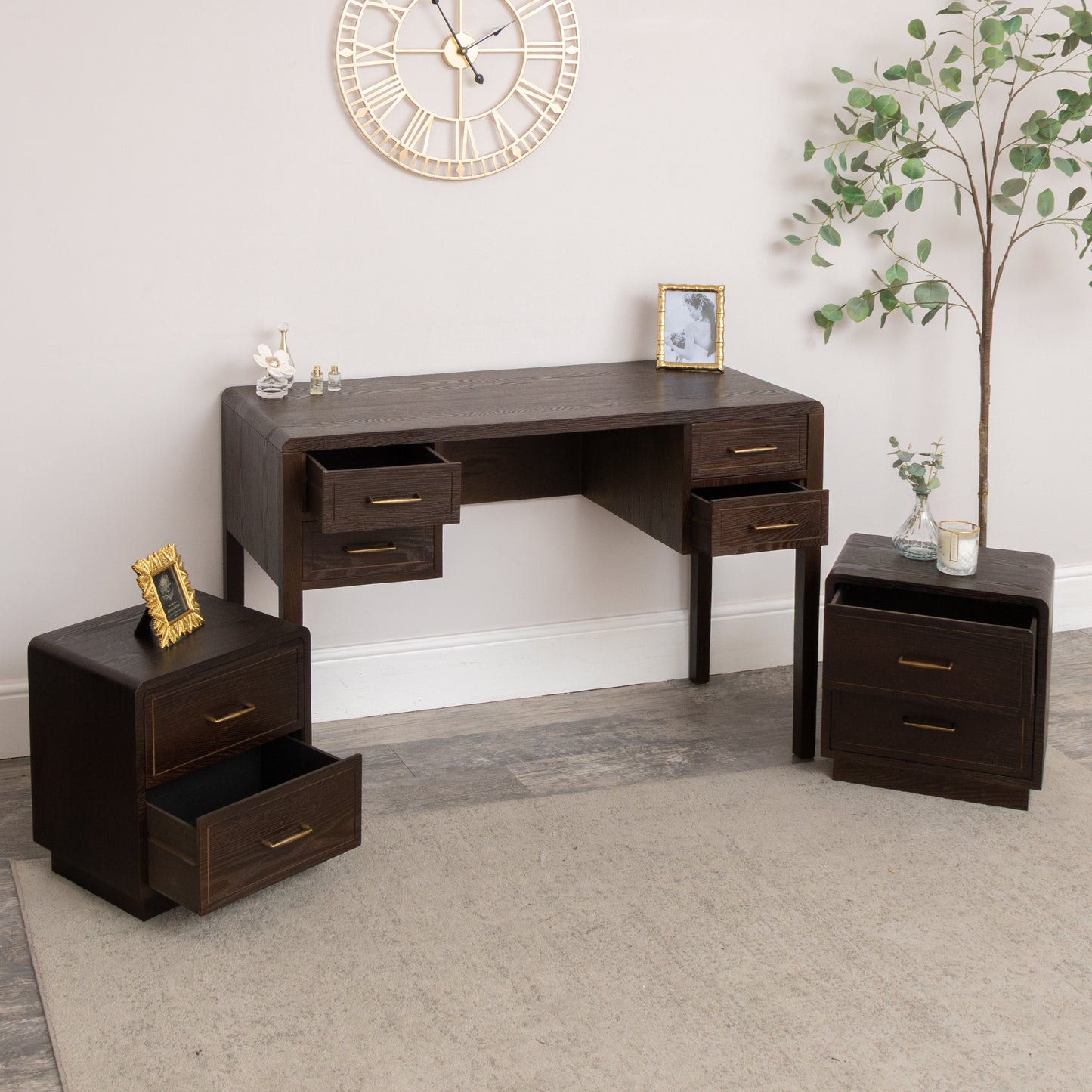 Dark Wood 4 Drawer Dressing Table & Pair of Bedside Tables - Kingsley Range