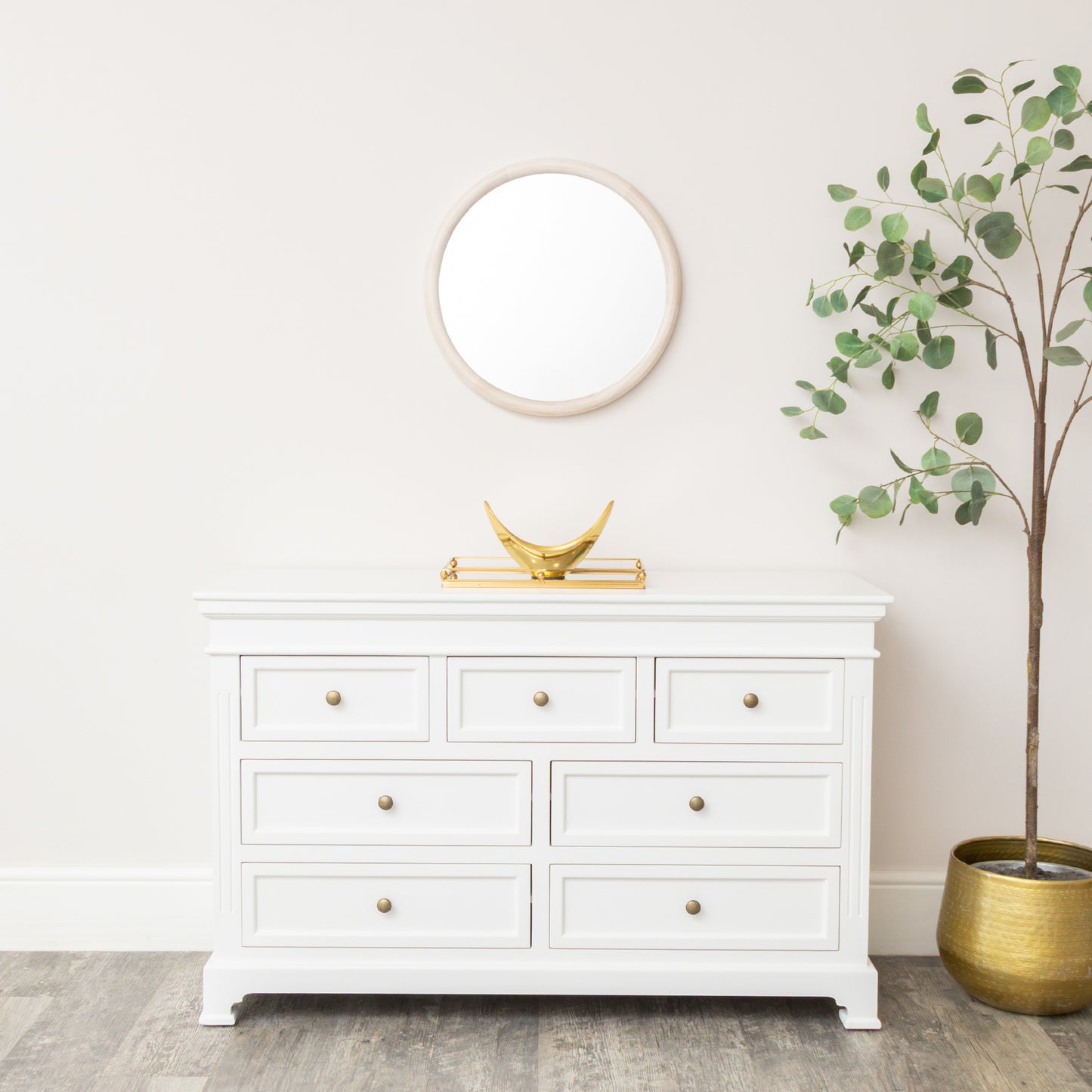 White Washed Wooden Round Wall Mirror - 50cm x 50cm