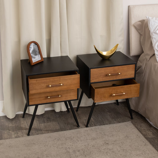  Pair of Mid-Century Modern Wood & Black 2 Drawer Bedside Tables - Industrial Range 