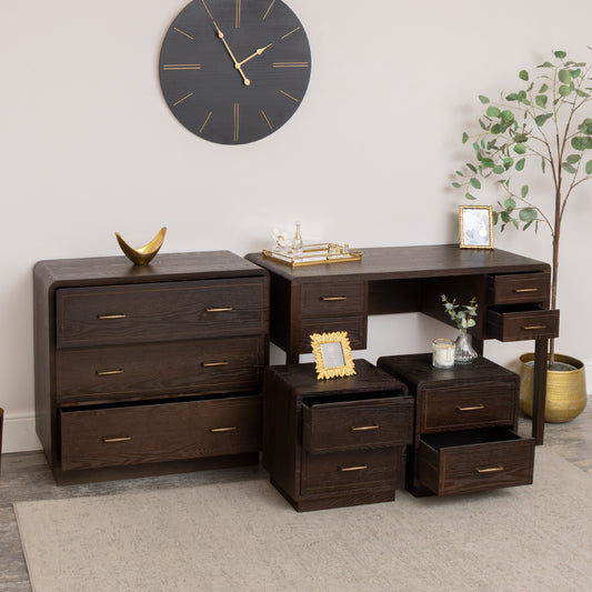  Dark Wood Chest of 3 Drawers, Dressing Table & Pair of Bedside Tables - Kingsley Range 