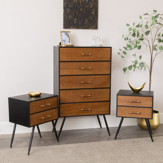  Mid-Century Modern Wooden & Black 5 Drawer Tallboy & Pair of 2 Drawer Bedside Tables - Industrial Range 