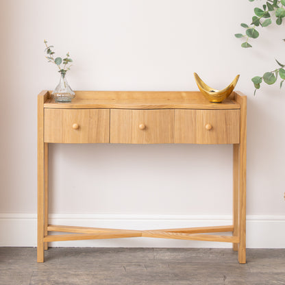 Pale Wood Curved 3 Drawer Console Table with Hessian & Glass Top - Austin Wood Range