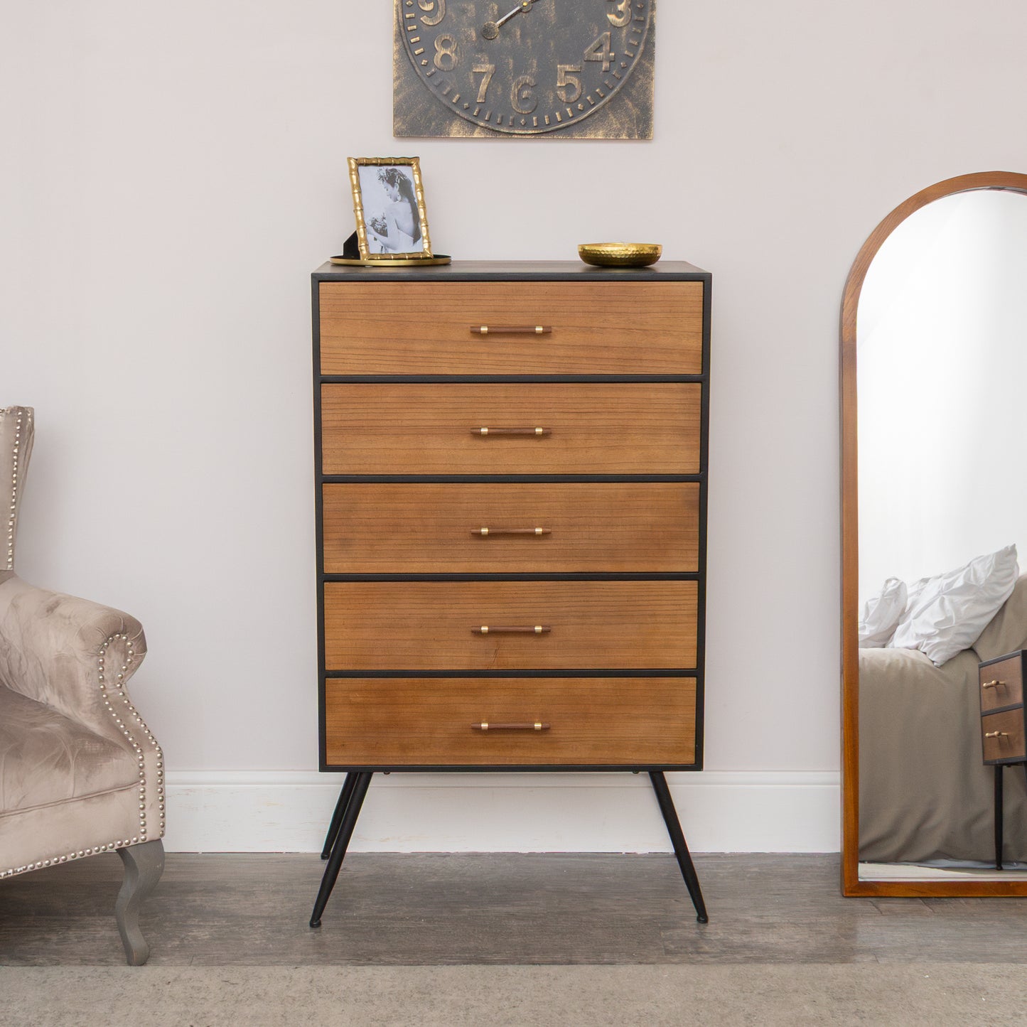 Mid-Century Modern Wooden & Black 5 Drawer Tallboy - Industrial Range