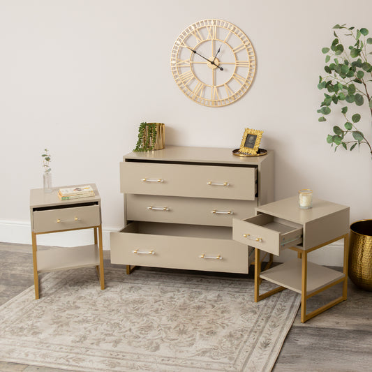  3 Drawer Chest of Drawers & Pair of One Drawer Bedside Tables - Liana Taupe Range 