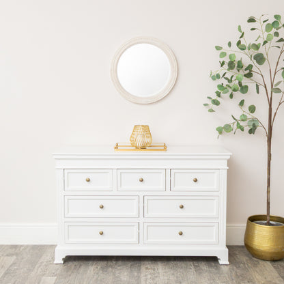 Round Distressed White Washed Wooden Bobbin Detailed Wall Mirror - 50cm x 50cm