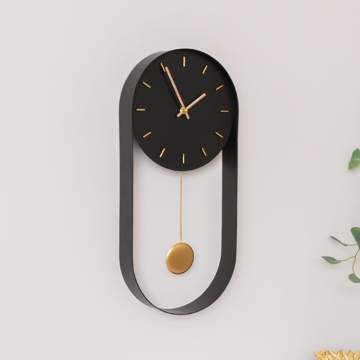 Black & Gold Pendulum Metal Analogue Wall Clock - 20cm x 55cm