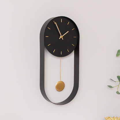 Black & Gold Pendulum Metal Analogue Wall Clock - 20cm x 55cm