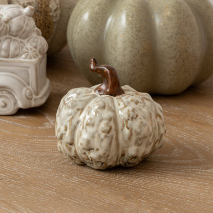 Small Cream & Brown Glazed Wonky Pumpkin Ornament - 9cm