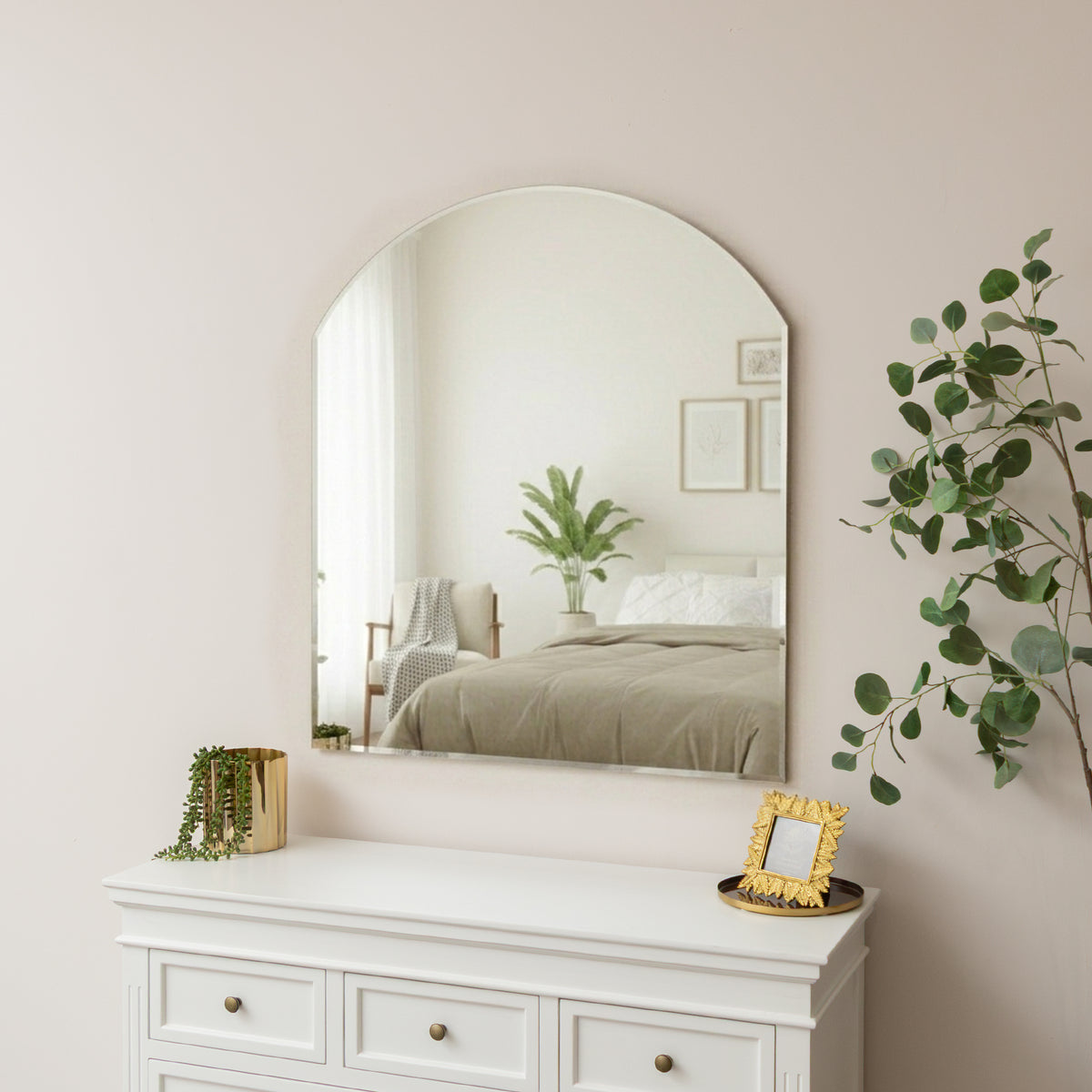 Large Frameless Arched Mirror with Bevelled Edges - 88cm x 100cm