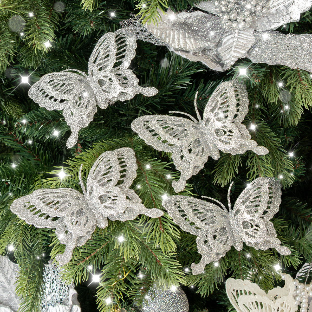 Set Of 4 Silver Glitter Butterfly Christmas Decoration Clips
