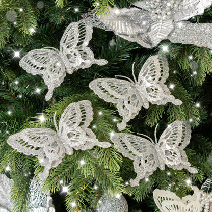 Set Of 4 Silver Glitter Butterfly Christmas Decoration Clips