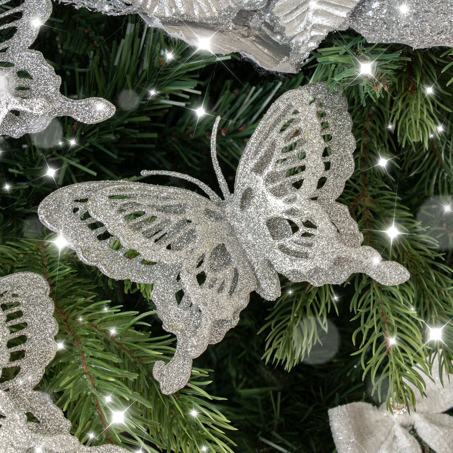 Set Of 4 Silver Glitter Butterfly Christmas Decoration Clips