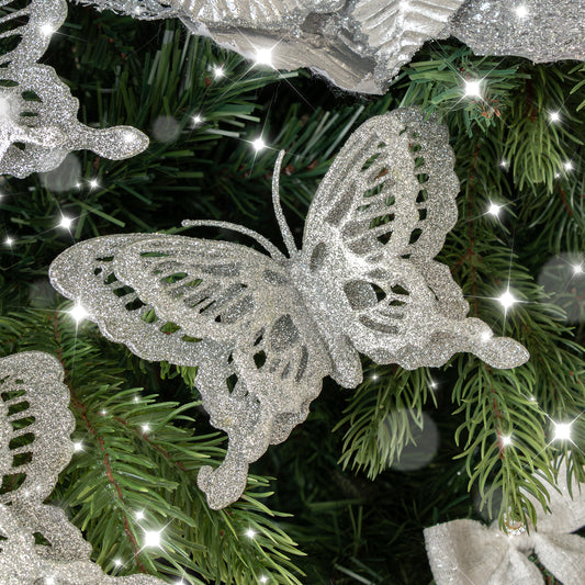  Set Of 4 Silver Glitter Butterfly Christmas Decoration Clips 