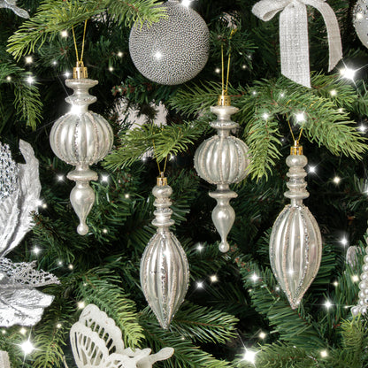 Set of 4 Champagne Silver Glitter Drop Style Christmas Baubles