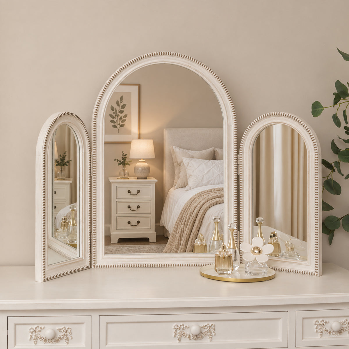 Arched White Washed Beaded Dressing Table Mirror
