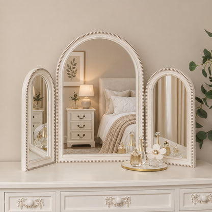 Arched White Washed Beaded Dressing Table Mirror
