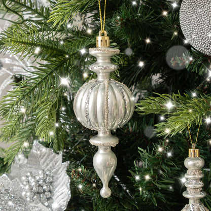 Set of 4 Champagne Silver Glitter Drop Style Christmas Baubles