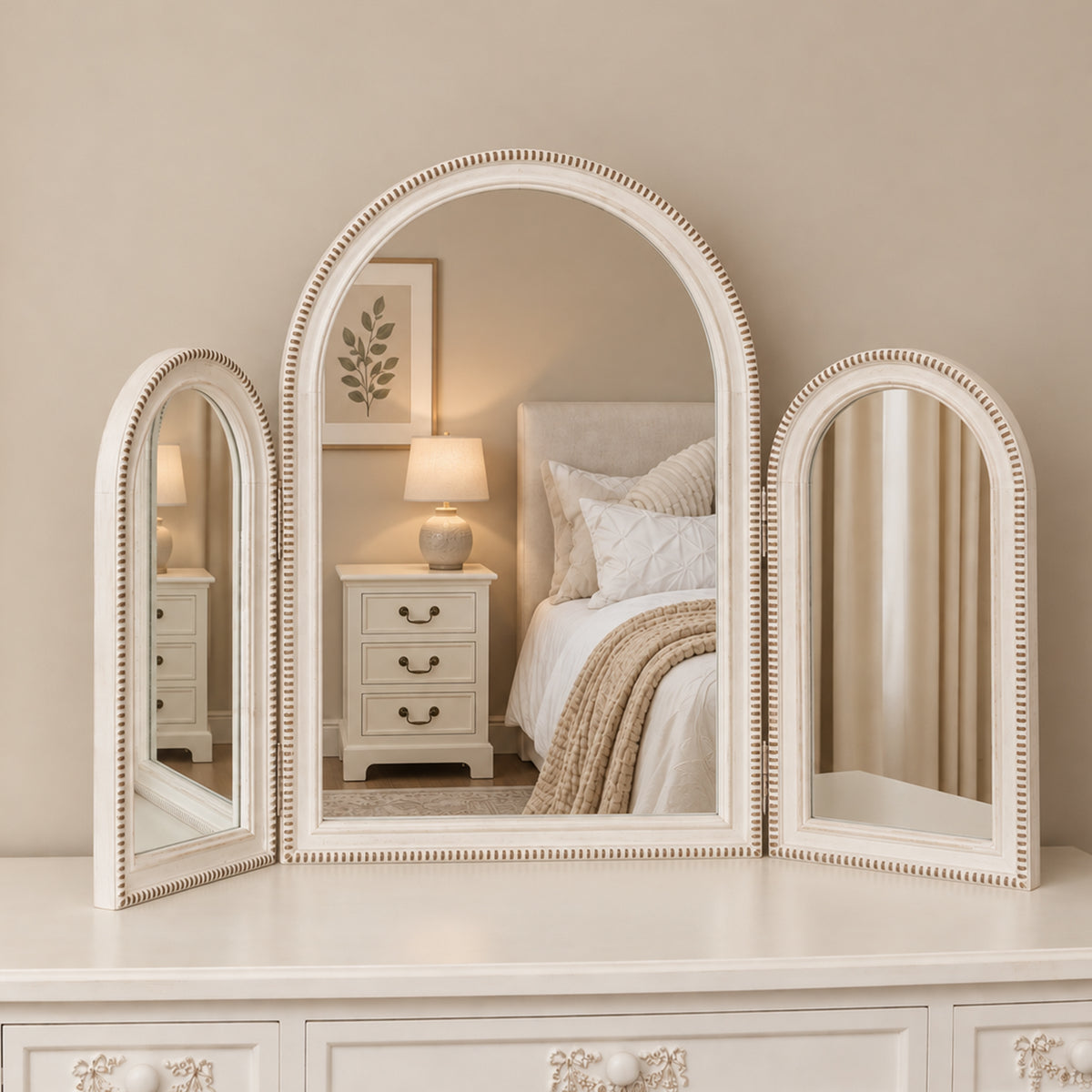 Arched White Washed Beaded Dressing Table Mirror