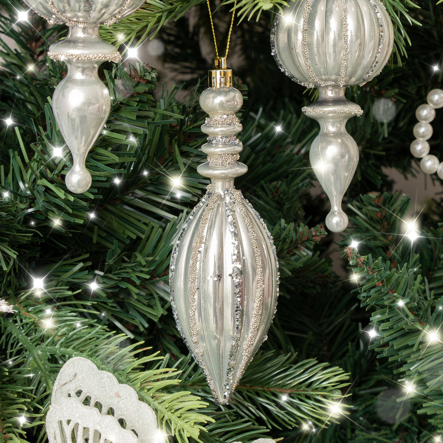 Set of 4 Champagne Silver Glitter Drop Style Christmas Baubles