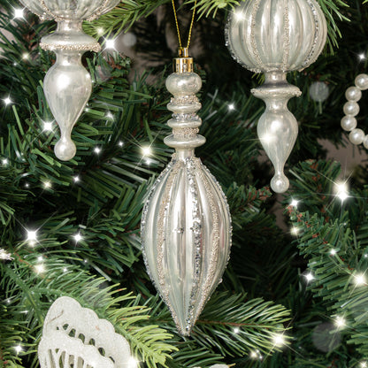 Set of 4 Champagne Silver Glitter Drop Style Christmas Baubles