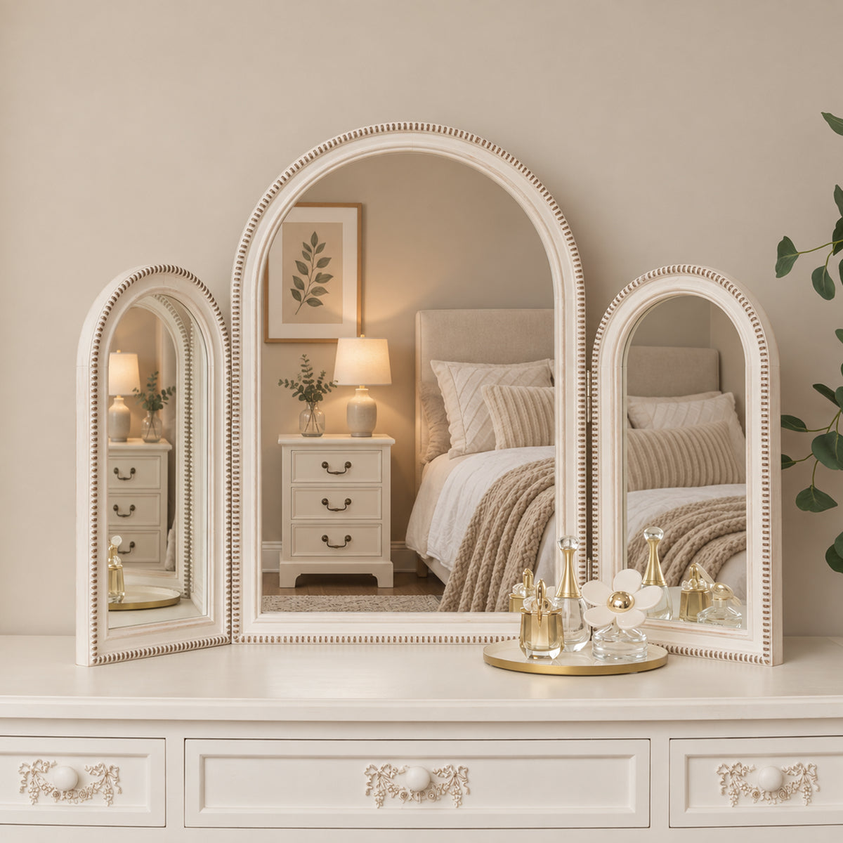 Arched White Washed Beaded Dressing Table Mirror