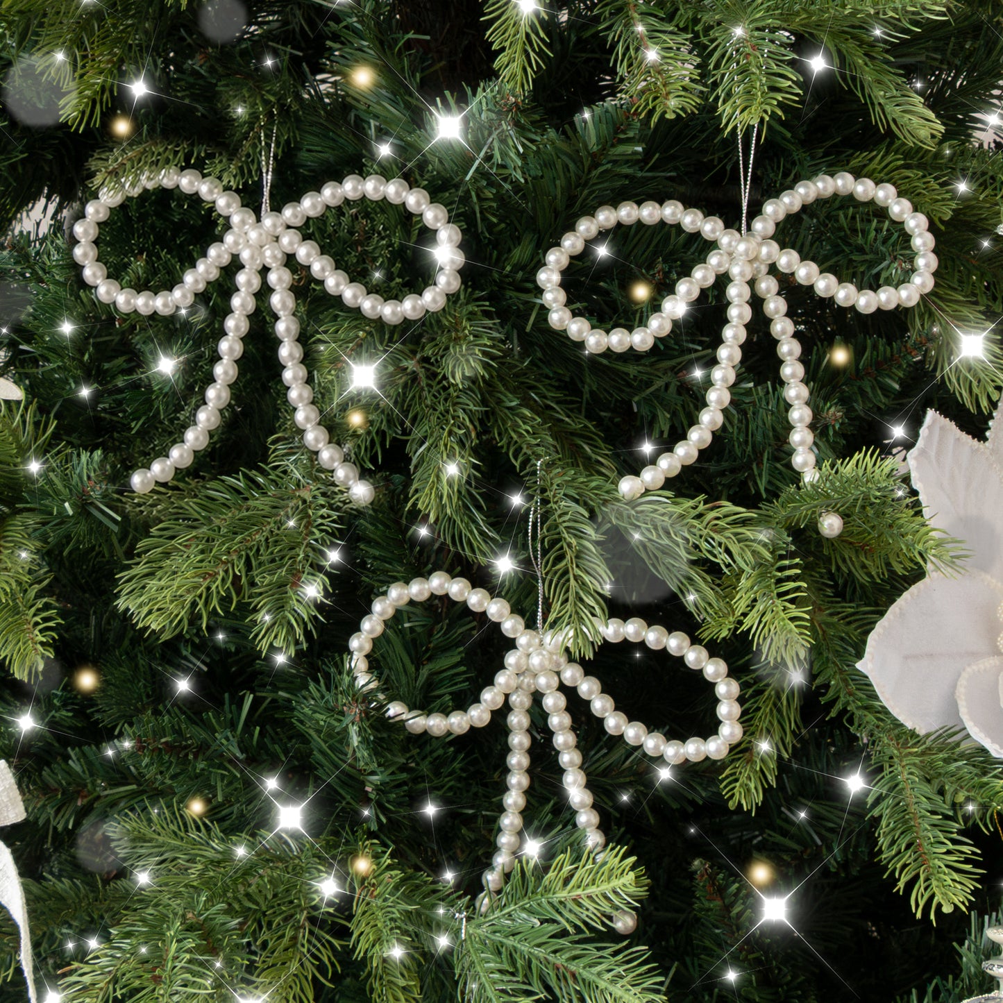 Set of 3 White Pearl Christmas Bow Bauble Christmas Decorations