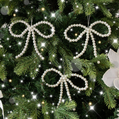 Set of 3 White Pearl Christmas Bow Bauble Christmas Decorations